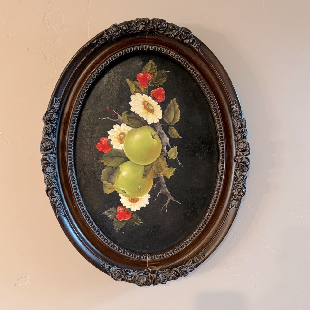 Vintage Ornate Oval Framed Original Oil Painting Apple Strawberry Fruit Floral - Picture 11 of 17